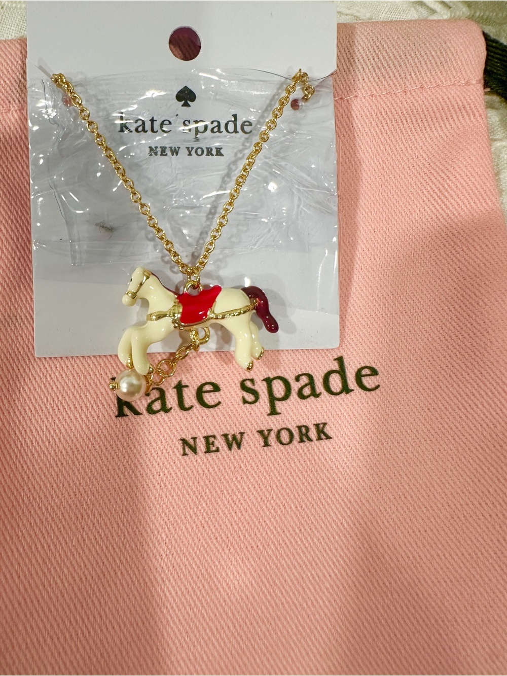 kate spade Cream & Red Horse Pendant Necklace with Faux Pearl